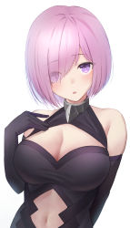 Rule 34 | 1girl, absurdres, arm behind back, black gloves, blush, breasts, cleavage, clothing cutout, elbow gloves, eyes visible through hair, fate/grand order, fate (series), gloves, hair over one eye, highres, hiroserii, large breasts, looking at viewer, mash kyrielight, midriff, navel, open mouth, pink hair, purple eyes, short hair, simple background, solo, stomach, stomach cutout, upper body, white background