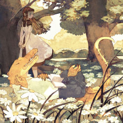 Rule 34 | 1girl, animal, apron, arms behind back, black dress, black pants, book, brown hair, bush, claws, closed eyes, clothed animal, crocodile, crocodilian, crossed legs, daisy, dress, flower, grass, highres, long hair, long sleeves, lying, on back, open book, original, outdoors, own hands together, pants, sharp teeth, shirt, short sleeves, tail, teeth, tono (rt0no), tree, white shirt, wind
