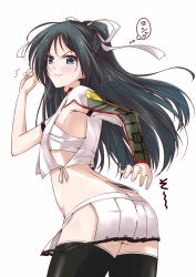 Rule 34 | 10s, 1girl, ^^^, ass, black hair, black thighhighs, blue eyes, blush, breasts, butt crack, cellphone, clenched hand, flat chest, grin, hair ribbon, kantai collection, katsuragi (kancolle), long hair, midriff, mikage takashi, no panties, open mouth, phone, ponytail, ribbon, sarashi, skirt, smartphone, smile, smirk, solo, tawawa challenge, thighhighs, translation request, twitter username