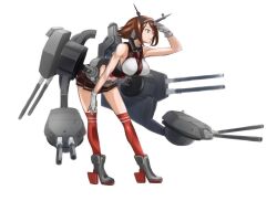 Rule 34 | 1girl, attyon, breasts, brown hair, brown skirt, cannon, commentary request, flipped hair, full body, gloves, green eyes, hairband, headgear, kantai collection, large breasts, leaning forward, machinery, midriff, miniskirt, mutsu (kancolle), radio antenna, shading eyes, short hair, skirt, sleeveless, solo, turret, white gloves