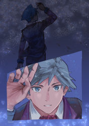 Rule 34 | 1boy, aihysa, arm up, black jacket, collared shirt, commentary request, creatures (company), game freak, grey eyes, grey hair, jacket, male focus, multiple views, necktie, night, nintendo, outdoors, parted lips, pokemon, pokemon oras, red necktie, shirt, short hair, signature, steven stone, white shirt