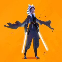 Rule 34 | 1girl, ahsoka tano, baggy pants, belt, black cape, blue eyes, cape, colored skin, detached sleeves, dual wielding, energy sword, facial tattoo, flat chest, forehead, forehead jewel, forehead protector, full body, glowing, glowing weapon, hair over shoulder, highres, holding, holding weapon, jedi knight, lightsaber, marina (mrn9), medium hair, orange background, orange skin, pants, solo, star wars, sword, tattoo, tentacle hair, the mandalorian, togruta, vambraces, weapon, white hair, white lightsaber