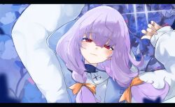 Rule 34 | 1girl, absurdres, atsuko (blue archive), blue archive, blush, braid, chankuro, closed mouth, hair between eyes, halo, highres, jacket, letterboxed, light smile, long hair, long sleeves, looking at viewer, puffy long sleeves, puffy sleeves, purple hair, purple halo, red eyes, solo, twin braids, upper body, white jacket
