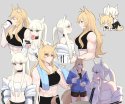 Rule 34 | 2girls, alternate costume, animal ear fluff, animal ears, arknights, armband, bare shoulders, black choker, black shorts, black sports bra, blonde hair, blunt bangs, breasts, cellphone, choker, commentary, cup, doughnut, drinking, english commentary, food, food in mouth, from side, grey background, hand on own hip, highres, holding, holding cup, holding phone, horse ears, jacket, long hair, long sleeves, looking at another, medium breasts, midriff, mouth hold, multiple girls, multiple views, navel, nearl (arknights), off shoulder, open clothes, open jacket, phone, platinum (arknights), profile, redrawn, shorts, sidelocks, simple background, smartphone, sports bra, stomach, strapless, supershrimpcakes, towel, towel around neck, tube top, white hair, yellow eyes