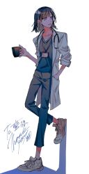 Rule 34 | 1girl, black hair, black pants, coat, collarbone, commentary request, commission, cup, expressionless, fingernails, full body, grey shirt, hand in pocket, highres, holding, holding cup, jpeg artifacts, lab coat, lanyard, looking to the side, medium hair, naotin3333, open clothes, open coat, original, pants, parted lips, purple eyes, shirt, shoes, simple background, skeb commission, skinny, sleeves rolled up, sneakers, solo, stethoscope, thank you, white background, white coat, white footwear