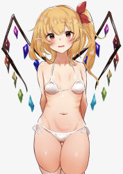 Rule 34 | 1girl, absurdres, arms behind back, bikini, blonde hair, blush, breasts, commentary request, cowboy shot, crystal, fang, flandre scarlet, gluteal fold, groin, hair between eyes, hair ribbon, highres, kamukamu 23, looking at viewer, medium hair, navel, no headwear, one side up, parted lips, pointy ears, red eyes, red ribbon, ribbon, simple background, small breasts, smile, solo, swimsuit, thighhighs, touhou, white background, white bikini, white thighhighs, wings