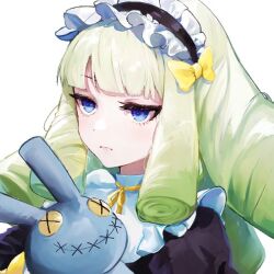 Rule 34 | 1girl, alice (housamo), blue eyes, blunt bangs, bow, closed mouth, commentary request, dress, drill hair, expressionless, frilled dress, frills, gothic lolita, gradient hair, green hair, hairband, lolita fashion, lolita hairband, long hair, multicolored hair, ribbon, ringlets, simple background, stitched mouth, stitches, stuffed animal, stuffed rabbit, stuffed toy, tass commuovere, tokyo houkago summoners, upper body, white background, yellow bow, yellow ribbon