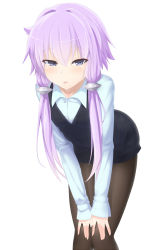Rule 34 | 1girl, :o, abmayo, formal, hand on own knee, highres, leaning, leaning forward, legs together, pantyhose, pencil skirt, purple eyes, purple hair, simple background, skirt, skirt suit, solo, suit, twintails, vocaloid, voiceroid, white background, yuzuki yukari