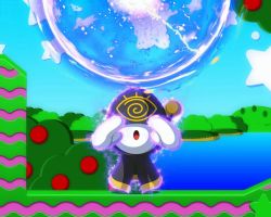 Rule 34 | 1boy, animated, animated gif, black robe, blue sky, bushes, colored skin, disembodied hand, disembodied hand, energy, energy ball, floating, glowing, gold trim, herudoron, hidden eyes, hood, hooded robe, kirby (series), levitation, male focus, nesp, nintendo, no humans, open mouth, outdoors, pale skin, pom pom (clothes), robe, sky, solo, star (symbol), ugoira, water, white skin