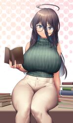 Rule 34 | 1girl, ahoge, black-framed eyewear, blush, book, book stack, breasts, brown eyes, brown hair, curvy, glasses, green sweater, hair between eyes, halftone, halftone background, highres, holding, holding book, huge breasts, long hair, looking at viewer, mole, mole under eye, open book, pants, parted lips, round eyewear, sitting, sleeveless, sleeveless sweater, solo, sweater, thick thighs, thighs, tight clothes, tight pants, very long hair, white pants, wide hips, yana (nekoarashi)
