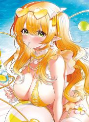 Rule 34 | 1girl, absurdres, ahoge, ball, bare shoulders, beachball, bikini, blonde hair, blush, breasts, commentary request, cup, day, eyewear on head, flower, green eyes, hair between eyes, hair ribbon, heart, heart-shaped eyewear, highres, holding, holding cup, large breasts, long hair, looking at viewer, melonbooks, original, outdoors, pointy ears, pomu (pomu me), ribbon, solo, spoon, sunglasses, swimsuit, tinted eyewear, two side up, utensil in mouth, very long hair, water, white flower, yellow-tinted eyewear, yellow bikini, yellow ribbon