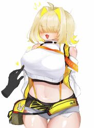 Rule 34 | 1girl, 1other, ahoge, black sports bra, blonde hair, blush, breasts, clothing cutout, crop top, cropped sweater, elegg (nikke), exposed pocket, fang, gloves, goddess of victory: nikke, grey shorts, hair intakes, hair over eyes, highres, large breasts, long bangs, long sleeves, micro shorts, multicolored clothes, multicolored gloves, multicolored hair, navel, nipple stimulation, open mouth, rung hthaym10831, short hair, shorts, shoulder cutout, simple background, sports bra, suspender shorts, suspenders, thigh gap, thigh strap, two-tone hair, white background