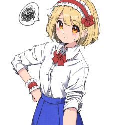 Rule 34 | 1girl, alice margatroid, blonde hair, blue skirt, blush, bow, bowtie, closed mouth, collared shirt, frilled hairband, frilled wrist cuffs, frills, hair bow, hairband, hand on own hip, looking at viewer, medium hair, orange eyes, red bow, red bowtie, red hairband, shirt, simple background, skirt, sleeves rolled up, solo, spoken squiggle, squiggle, sweat, touhou, upper body, white background, white shirt, wrist cuffs, yugiri (yugiri picture)