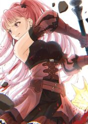 Rule 34 | 1girl, axe, belt, blood, breasts, corset, dress, earrings, elbow gloves, female focus, fighting stance, fire emblem, fire emblem: three houses, gloves, highres, hilda valentine goneril, holding, holding axe, holding weapon, hoop earrings, jewelry, kuro n314, large breasts, long hair, looking to the side, matching hair/eyes, nintendo, pink dress, pink eyes, pink gloves, pink hair, red gloves, solo, standing, twintails, weapon, white background