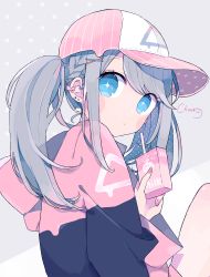 Rule 34 | + +, 1girl, absurdres, baseball cap, blue eyes, blush stickers, braid, chon (chon33v), closed mouth, commentary request, drinking straw, ear piercing, earrings, fingernails, grey background, grey hair, hair between eyes, hair ornament, hairclip, hat, highres, holding, hood, hood down, hooded jacket, jacket, jewelry, knee up, long hair, long sleeves, looking at viewer, looking to the side, milk carton, nail polish, original, piercing, pink hat, pink jacket, pink nails, polka dot, polka dot background, signature, sitting, sleeves past wrists, solo, twintails, upper body, wide sleeves, x hair ornament