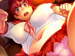 Rule 34 | 1girl, blush, breasts, fat, game cg, large breasts, matching hair/eyes, open mouth, panties, play! play! play!, red eyes, red hair, school uniform, solo, sweat, underwear, wazakita, yamamoto sachie