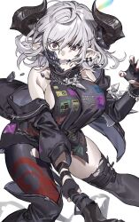 Rule 34 | 1girl, absurdres, armpit crease, bare shoulders, black gloves, black jacket, black pantyhose, black shirt, black thighhighs, breasts, broken mask, bruise, bruise on face, claw pose, fingerless gloves, gloves, granblue fantasy, grey hair, hair between eyes, hashibiro kou (garapiko p), highres, holding, holding weapon, horns, injury, jacket, jewelry, large breasts, looking at viewer, mask, medium hair, mouth mask, multicolored nails, necklace, off shoulder, open mouth, pantyhose, piercing, pink eyes, pointy ears, shirt, sidelocks, single leg pantyhose, single thighhigh, sleeveless, sleeveless shirt, solo, thighhighs, torn clothes, torn pantyhose, torn thighhighs, tristette (granblue fantasy), weapon, white background