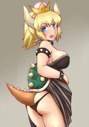 Rule 34 | 1girl, armlet, ass, black collar, black dress, black panties, blonde hair, blue eyes, bowsette, bracelet, breasts, clothes lift, collar, commentary, cowboy shot, crown, dress, dress lift, earrings, fujimaru arikui, grey background, horns, jewelry, large breasts, lifting own clothes, looking at viewer, looking back, mario (series), medium hair, new super mario bros. u deluxe, nintendo, open mouth, panties, pointy ears, ponytail, sharp teeth, simple background, skindentation, solo, spiked armlet, spiked bracelet, spiked collar, spiked shell, spiked tail, spikes, strapless, strapless dress, super crown, tail, teeth, turtle shell, underwear