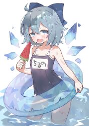 Rule 34 | 1girl, ahase hino, ahoge, bare arms, black one-piece swimsuit, blue bow, blue eyes, blue hair, blue innertube, blush, bow, cirno, commentary request, cowboy shot, flat chest, food, hair between eyes, hair bow, highres, holding, holding food, holding popsicle, hot, ice, ice wings, looking at viewer, melting, one-piece swimsuit, open mouth, popsicle, school swimsuit, short hair, simple background, solo, standing, sweat, swimsuit, touhou, wading, water, watermelon bar, wet, white background, wings