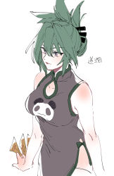 Rule 34 | 1girl, amulet, bare shoulders, braid, breasts, china dress, chinese clothes, dress, eyebrows hidden by hair, green eyes, green hair, highres, holding, long hair, meeko, ofuda, panda, shaman king, simple background, solo, tao jun, white background