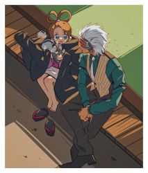 Rule 34 | 1boy, 1girl, ace attorney, beard, brown hair, brown pants, cup, facial hair, formal, godot (ace attorney), grgrton, hair rings, highres, jacket, jacket on shoulders, japanese clothes, kimono, mask, mug, necktie, open mouth, pants, pearl fey, phoenix wright: ace attorney - trials and tribulations, vest, visor, white hair
