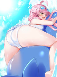 Rule 34 | 1girl, ahoge, ass, ass focus, ball, barefoot, beachball, bikini, blue archive, blue eyes, blue sky, blush, breasts, cloud, cloudy sky, day, eyewear on head, goggles, goggles on head, halo, heterochromia, highres, hinata sora, hoshino (blue archive), inflatable toy, long hair, looking at viewer, ocean, one-piece swimsuit, open mouth, outdoors, pink hair, sky, solo, sunglasses, swimsuit, tinted eyewear, water, wet, white bikini, yellow eyes