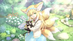Rule 34 | 1girl, absurdres, animal, animal ear fluff, animal ears, arknights, black cat, blonde hair, blue hairband, blue skirt, cardigan, cat, commentary request, cross-laced clothes, cross-laced skirt, cross-laced slit, crossover, flower, fox ears, fox girl, fox tail, frilled hairband, frills, genjaku, green eyes, hair flower, hair ornament, hairband, high-waist skirt, highres, holding, holding animal, holding cat, kitsune, kyuubi, long sleeves, looking at viewer, luo xiaohei, luo xiaohei zhanji, multicolored hair, multiple tails, neck ribbon, official alternate costume, open cardigan, open clothes, open mouth, outdoors, puffy long sleeves, puffy sleeves, red ribbon, revision, ribbon, shirt, skirt, solo, spring (season), suzuran (arknights), suzuran (spring praise) (arknights), tail, two-tone hair, white hair, white shirt, yellow cardigan