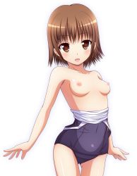 Rule 34 | 1girl, bad id, blush, breasts, brown eyes, brown hair, collarbone, cowboy shot, ki (kk-sk-ray), looking at viewer, nipples, one-piece swimsuit, open mouth, original, school swimsuit, short hair, simple background, small breasts, smile, solo, swimsuit, topless, white background