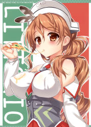 Rule 34 | 10s, 1girl, ameto yuki, breasts, brown eyes, brown hair, character name, covered erect nipples, detached sleeves, eating, food, halterneck, hat, highres, kantai collection, large breasts, littorio (kancolle), pizza, simple background, solo, upper body