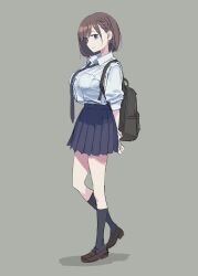 Rule 34 | 1girl, ai-chan (tawawa), backpack, bag, blue eyes, blue necktie, blue skirt, brown hair, closed mouth, collared shirt, commentary request, full body, getsuyoubi no tawawa, grey background, highres, himura kiseki, looking at viewer, necktie, pleated skirt, school uniform, shirt, short hair, short sleeves, simple background, skirt, smile, solo, standing, white shirt