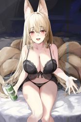 Rule 34 | 1girl, :d, absurdres, animal ear fluff, animal ears, babydoll, bare arms, bare shoulders, beer can, black babydoll, black bra, black panties, blonde hair, blush, bra, breasts, can, cleavage, drink, drink can, fox ears, fox girl, fox tail, hair between eyes, highres, holding, holding drink, korean commentary, lace, lace-trimmed bra, lace trim, large breasts, lillly, long hair, looking at viewer, multiple tails, navel, open mouth, original, outstretched hand, panties, red eyes, see-through, sitting, smile, solo, stomach, string panties, tail, teeth, thighs, underwear, upper teeth only, very long hair