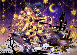 Rule 34 | 1girl, 2017, :q, bat (animal), blonde hair, broom, broom riding, castle, closed mouth, commentary, crescent moon, dress, english text, fishnet pantyhose, fishnets, hair ribbon, halloween, happy halloween, hat, hat ribbon, high heels, kirisame marisa, lilithbloody, long hair, looking at viewer, moon, night, night sky, panties, pantyhose, purple dress, ribbon, short sleeves, sky, smile, solo, star (sky), tongue, tongue out, touhou, tress ribbon, underwear, witch hat, yellow eyes