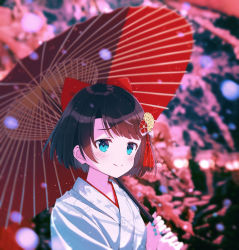 Rule 34 | 1girl, black hair, blue hair, blue nails, blurry, blurry background, blurry foreground, bokeh, closed mouth, commentary, depth of field, hair ornament, highres, holding, holding umbrella, hololive, japanese clothes, kounaien (comic1217), light blue hair, light blush, looking at viewer, miko, nail polish, oil-paper umbrella, oozora subaru, petals, short hair, smile, solo, standing, swept bangs, tassel, umbrella, upper body, virtual youtuber