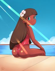 Rule 34 | 1girl, ass, bare arms, bare shoulders, blue sky, blunt bangs, brown hair, chimuru (minky momo), closed mouth, cloud, dark-skinned female, dark skin, day, female focus, flower, from behind, hair flower, hair ornament, highres, light rays, long hair, looking at viewer, looking back, mahou no princess minky momo, one-piece swimsuit, outdoors, pepipopo, pink one-piece swimsuit, pool, sitting, sky, smile, solo, sunbeam, sunlight, swimsuit