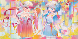Rule 34 | 2girls, absurdres, bare shoulders, blue eyes, blue hair, blush, bow, bracelet, chinese clothes, choker, collarbone, cowboy shot, dress, flat chest, flower, gradient clothes, gradient dress, gradient hair, hair ornament, highres, jewelry, kaede (shijie heping), lantern, long hair, looking at viewer, mannequin, multicolored hair, multiple girls, off-shoulder dress, off shoulder, open mouth, original, paper lantern, pink eyes, red hair, sash, short hair, short hair with long locks, smile, twintails, two-tone hair, white hair, wide sleeves, wrist cuffs