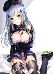 Rule 34 | 1girl, arm support, arm under breasts, bed sheet, beret, black hat, black thighhighs, blunt bangs, blush, bow, bow panties, breast hold, breasts, cleavage, closed mouth, clothes writing, commentary request, facial mark, german flag, girls&#039; frontline, gloves, green eyes, grey background, hair ornament, hat, head tilt, hk416 (girls&#039; frontline), jacket, korean commentary, large breasts, long hair, looking at viewer, narae, navel, panties, plaid, plaid skirt, pleated skirt, pouch, sheet grab, shoes, sidelocks, signature, silver hair, sitting, skirt, solo, teardrop, tearing up, tears, thighhighs, torn clothes, torn jacket, torn skirt, torn thighhighs, two-tone background, underwear, very long hair, wariza, weapon, white background, white gloves, white panties