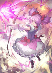 Rule 34 | 1girl, aiming, bow, bow (weapon), bubble skirt, choker, drawing bow, dress, energy arrow, firing, gloves, hair bow, hair ribbon, highres, holding, holding bow (weapon), holding weapon, kaname madoka, magical girl, mahou shoujo madoka magica, mahou shoujo madoka magica (anime), monte tako, pink dress, pink eyes, pink hair, red bow, ribbon, shoes, short hair, short sleeves, short twintails, skirt, twintails, weapon