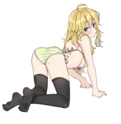 Rule 34 | 1girl, aa211108, all fours, ass, bare legs, bare shoulders, barefoot, bikini, black thighhighs, blonde hair, blush, breasts, dot mouth, dot nose, feet, full body, green bikini, green eyes, hair between eyes, hoshii miki, idolmaster, idolmaster (classic), idolmaster million live!, idolmaster million live! theater days, legs, long hair, looking at viewer, looking back, medium breasts, parted bangs, side-tie bikini bottom, sidelocks, simple background, soles, solo, string bikini, striped bikini, striped clothes, swimsuit, thighhighs, toes, wavy hair, white background