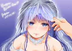 Rule 34 | 1girl, aquaplus, bare shoulders, blue eyes, blue hair, blush, choker, closed mouth, collarbone, dress, from above, gradient eyes, gradient hair, hair over shoulder, happy birthday, hime cut, lips, long hair, looking at viewer, multicolored eyes, multicolored hair, portrait, sidelocks, sleeveless, sleeveless dress, touma kazusa, veil, very long hair, white album, white album (series), white album 2