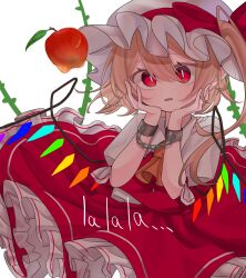 Rule 34 | 1girl, apple, blonde hair, bound, bound wrists, crystal wings, cuffs, dress, flandre scarlet, food, frills, fruit, hands on own cheeks, hands on own face, hat, hat ribbon, highres, misoice ramen, mob cap, plant, red dress, red eyes, red ribbon, ribbon, side ponytail, simple background, solo, touhou, vines, white background
