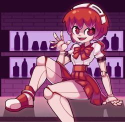Rule 34 | 1girl, android, blouse, bob cut, bottle, doll joints, dorothy haze, hairband, joints, kurt robinson, looking at viewer, narrow waist, open mouth, red eyes, red footwear, red hair, red neckwear, red skirt, shirt, sitting on bar, skirt, smile, va-11 hall-a, white shirt