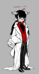 Rule 34 | 1other, androgynous, bow, bowtie, closed mouth, glasses, grey background, highres, horns, lab coat, long hair, long sleeves, looking at viewer, low twintails, original, oversized clothes, pants, pigeon666, red-framed eyewear, red bow, red bowtie, red eyes, red vest, shoes, simple background, solo, striped clothes, striped pants, twintails, vest