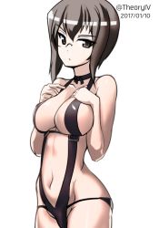 Rule 34 | 1girl, aegis (nerocc), black-framed eyewear, black choker, black eyes, black hair, black one-piece swimsuit, black slingshot swimsuit, breasts, choker, cleavage, closed mouth, commentary, cowboy shot, dated, frown, girls und panzer, groin, hands on own chest, kawashima momo, light frown, looking at viewer, medium breasts, monocle, navel, one-hour drawing challenge, one-piece swimsuit, ribbon choker, semi-rimless eyewear, short hair, simple background, slingshot swimsuit, solo, standing, swimsuit, twitter username, under-rim eyewear, white background