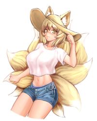 Rule 34 | 1girl, animal ear fluff, animal ears, blonde hair, breasts, castyx, cowboy shot, cropped legs, denim, denim shorts, fox ears, fox tail, frown, hand on headwear, highres, large breasts, looking at viewer, midriff, multiple tails, navel, shirt, short hair, shorts, simple background, solo, tail, touhou, white background, white shirt, yakumo ran, yellow eyes
