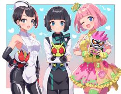 Rule 34 | 3girls, android, animification, black eyes, black hair, blue eyes, chibi, elbow gloves, gloves, highres, holding, holding toy, humagear headphones, is (kamen rider 01), kamen rider, kamen rider 01 (series), kamen rider den-o, kamen rider den-o (series), kamen rider ex-aid, kamen rider ex-aid (series), kamen rider zero-one, multicolored hair, multiple girls, naomi (den-o), one eye closed, pink hair, poppi pipopapo, shinonoko (tubamecider), short hair, streaked hair, stuffed toy, toy