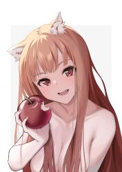 Rule 34 | 1girl, :d, absurdres, alternate breast size, animal ear fluff, animal ears, apple, backlighting, bitten apple, blunt bangs, blush, border, breasts, bright pupils, brown hair, cleavage, collarbone, commentary, completely nude, eyelashes, fangs, food, food bite, fruit, grey background, hair censor, hand up, head tilt, highres, holding, holding food, holding fruit, holo, korean commentary, large breasts, long hair, looking at viewer, nude, open mouth, red eyes, sidelocks, simple background, smile, solo, spice and wolf, spzhrns2054, straight hair, teeth, tsurime, upper body, white border, wolf ears, wolf girl