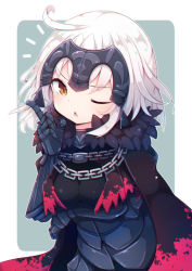 Rule 34 | 1girl, ahoge, armor, beni shake, blush, breast hold, breasts, brown eyes, cape, chain, fate/grand order, fate (series), frown, fur collar, gauntlets, gloves, headpiece, jeanne d&#039;arc (fate), jeanne d&#039;arc alter (avenger) (fate), jeanne d&#039;arc alter (avenger) (first ascension) (fate), jeanne d&#039;arc alter (fate), looking at viewer, medium breasts, one eye closed, open mouth, short hair, solo, triangle mouth, white background, white hair