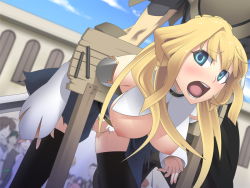 Rule 34 | 3girls, 6+boys, akatuzaki912, bdsm, bent over, blonde hair, blue eyes, blush, breasts, censored, game cg, haizan no hime shougun, humiliation, multiple boys, multiple girls, nipples, open mouth, outdoors, pillory, public indecency, pussy, restrained, sky, stationary restraints, stocks, torn clothes, tricia (haizan no hime shougun), will tame