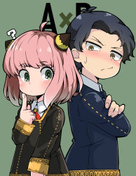 Rule 34 | 1boy, 1girl, ?, absurdres, ahoge, anya (spy x family), black hair, blush, child, closed mouth, damian desmond, eden academy school uniform, green eyes, hairpods, highres, long sleeves, looking at another, medium hair, parted bangs, pink hair, school uniform, shinonome mozuku, spy x family, yellow eyes