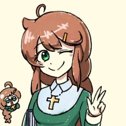 Rule 34 | 1girl, 4chan, ;), ahoge, blush, braid, breasts, brown hair, christ-chan, christianity, closed mouth, collared dress, cross, dress, green dress, green eyes, hair ornament, hand up, holding, latin cross, long sleeves, looking at viewer, numenoko, one eye closed, open mouth, religion, simple background, sleeve cuffs, smile, solo, tan tan pou, upper body, v, yellow background